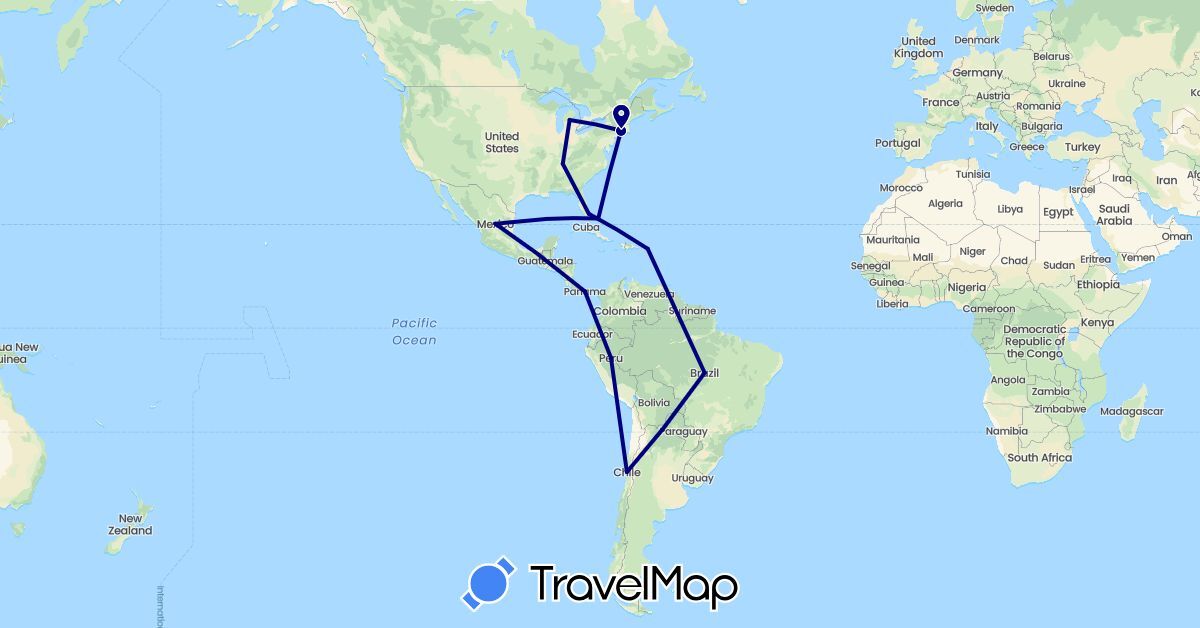 TravelMap itinerary: driving in Brazil, Bahamas, Chile, Mexico, Panama, Peru, United States (North America, South America)